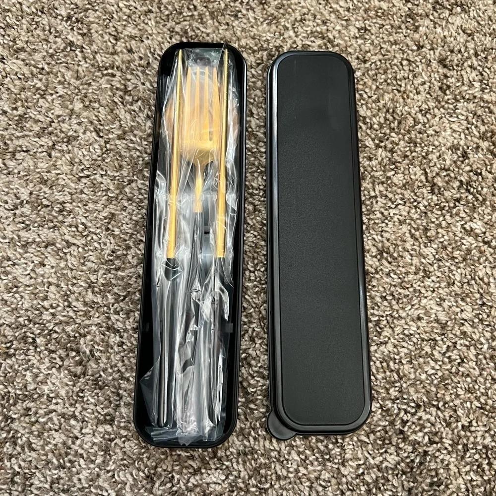 Gold and Black Stainless Steel Cutlery Set with Carry Case